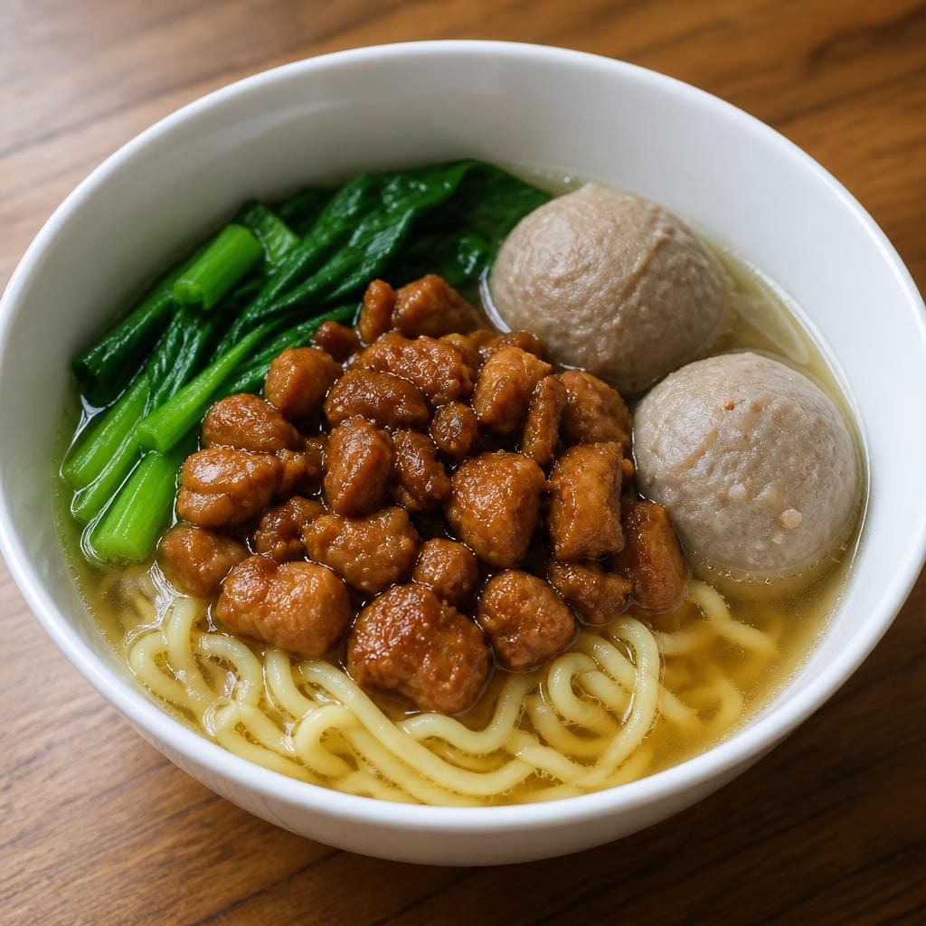 Mie Ayam Bakso Es Teler 77 dengan bakso sapi dan kuah ayam